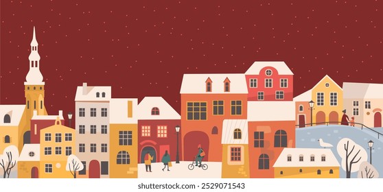 Winter village, city, urban landscape. New Year and Christmas background. Old European town cityscape in a minimal cartoon style. Cute Houses with snowfall on red background. Flat vector illustration