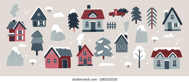 Winter village collection. Vector illustration with cozy houses, spruces, trees, mountains, shrubs, car. Christmas holidays. Northern village. Hand drawn illustration. Scandinavian style.