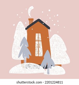 Winter village  cozy house in snowfall forest  Merry Christmas  Vector print for children room  fabric  paper  greeting card  postcard  card  t shirt  poster  textile  Vector illustration