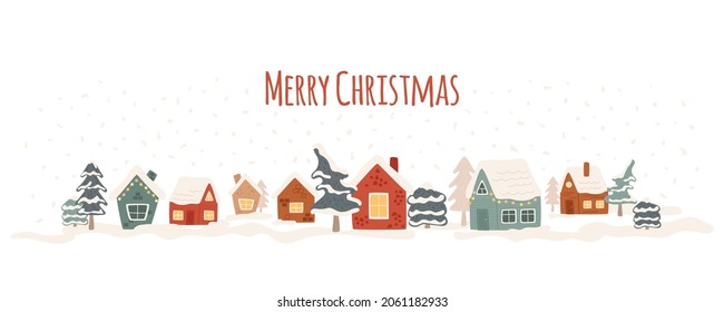 Winter village, cozy houses in snowfall forest. Merry Christmas curve text. Red, green colored huts on white background. Vector illustration. Greeting banner, New Year web footer, border, card.