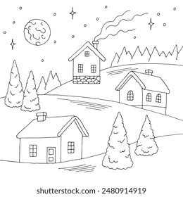 Winter village exterior graphic black white fir tree landscape sketch illustration vector 