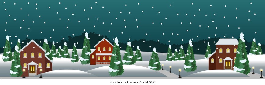 Winter Village Or Farm Landscape Scene. Christmas Or New Year Night, Houses, Snow, Conifer Trees. Use As Background In Cartoon Or Game Asset. Vector Illustration