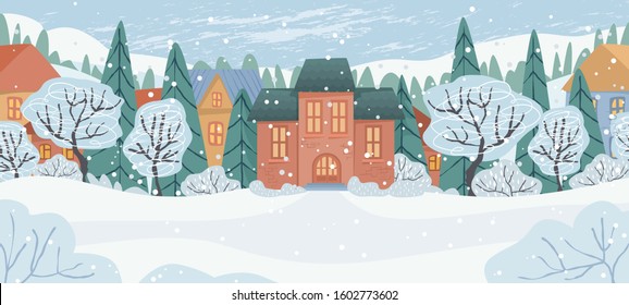 Winter village flat vector illustration. Houses, mansions, snowfall, mountain landscape. Nature, vacation outdoors, country concept