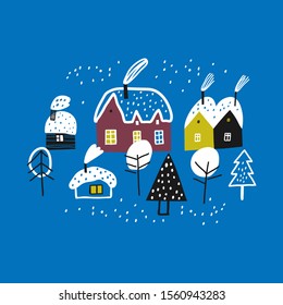 Winter. Village in the forest at night. Lovely houses surrounded by trees.