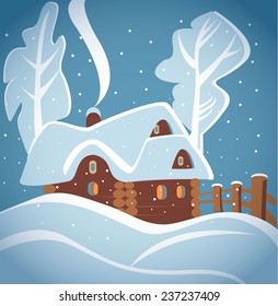 Winter village house and two white trees