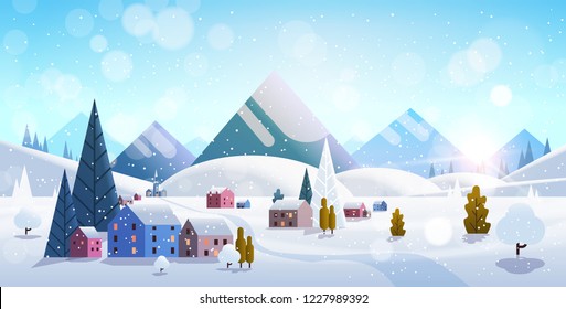 vila de inverno casas montanhas colinas paisagem queda de neve fundo horizontal plana vector ilustração