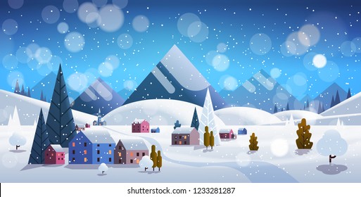 winter village houses mountains hills landscape snowfall background horizontal flat vector illustration