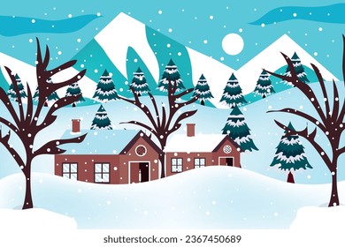 Winter village houses mountains hills landscape snowfall background