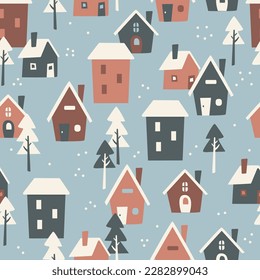 Winter village houses   trees in snowing background    seamless pattern cute building drawing illustration