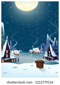Winter village with houses vector illustration. Countryside houses with illuminated windows and steam from chimneys. Christmas night illustration