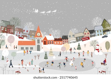 Winter Village landscape background,Celebrating Christmas, New Year 2025 City Night Sky with Snow people playing ice skate in the park,Vector cute cartoon Xmas horizon winter wonderland in Xmas eve