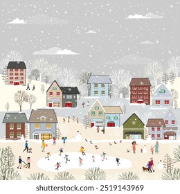 Winter Village landscape background,Celebrating Christmas, New Year 2025 City Night Sky with Snow people playing ice skate in the park,Vector cute cartoon Xmas horizon winter wonderland in Xmas eve