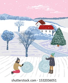 Winter village landscape with children who sculpt a snowman.
Vector cartoon illustration.
