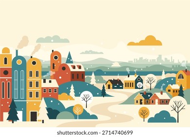 Winterdorf Landschaft Flat Vector Illustration mit Schneestadt und gemütlichen Häusern