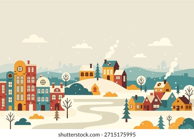Ilustración vectorial plana del paisaje de la aldea del invierno con la ciudad nevada y las casas acogedoras