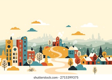 Ilustración vectorial plana del paisaje de la aldea del invierno con la ciudad nevada y las casas acogedoras