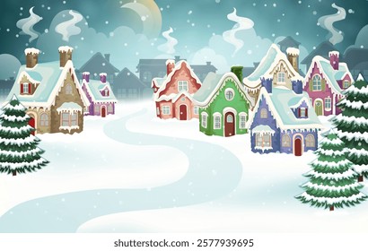 Winter village landscape with forest and huts covered with snow. Christmas Holiday vector illustration