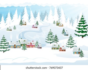 Winter village landscape with forest and huts covered with snow. Christmas Holiday vector illustration