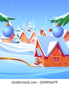 Winter village landscape with houses covered in snow and Christmas decorations on trees. Cartoon vector illustration of cozy settlement surrounded by forest under blue sky. Holiday card background