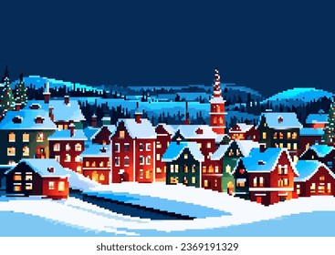 Winter village landscape Merry Christmas greeting card vector 8bit pixel art illustration. Snowy night in cozy town city panorama