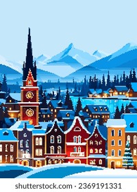 Winter village landscape Merry Christmas greeting card vector 8bit pixel art illustration. Snowy night in cozy town city panorama