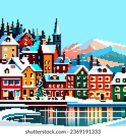 Winter village landscape Merry Christmas greeting card vector 8bit pixel art illustration. Snowy night in cozy town city panorama