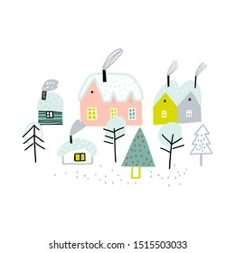 Paisaje de pueblo invernal con pinar. Casas de invierno con fondo de nieve y escenario forestal.