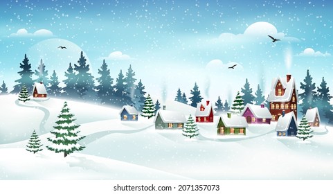 Winter village landscape with pine forest. Small fairy-tale houses covered with snow. Christmas holidays vector illustration