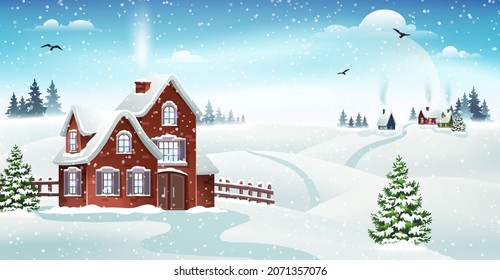 Winter village landscape with pine forest. Christmas vector illustration