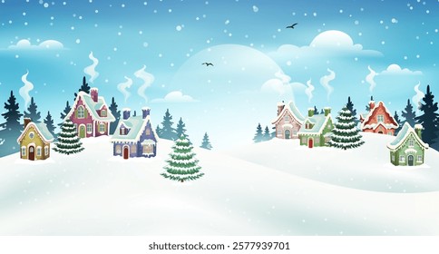 Winter village landscape with pine forest. Christmas vector illustration