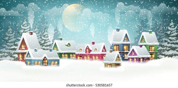 Winter village landscape with pine forest