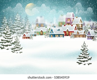 Winter village landscape with pine forest. Christmas vector illustration