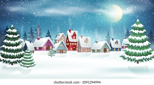 Winter village landscape with snow covered houses in pine forest. Christmas holidays vector illustration