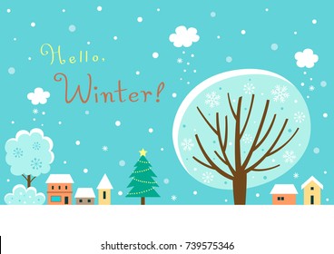 Winter village landscape with winter tree.Hello winter