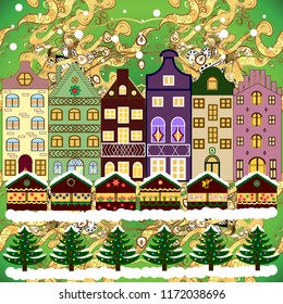 Winter village landscape. Vector illustration. Background.