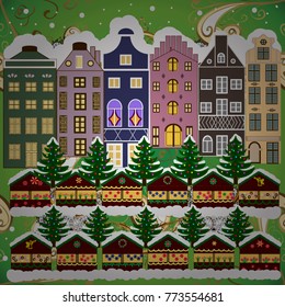 Winter village landscape. Vector illustration. Background.
