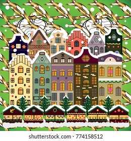 Winter village landscape. Vector illustration. Background.