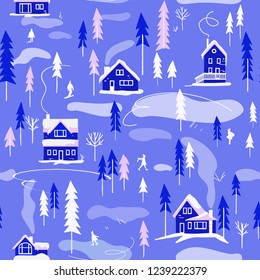 Winter village landscape. Vector seamless pattern. Houses and winter activities. Endless background 