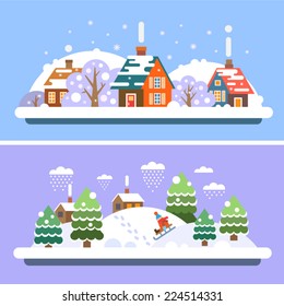 Winter village landscapes. House and the forest. Sledging. Snowfall. Vector Flat illustrations