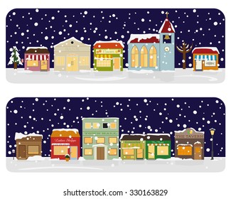 Winter Village Main Street Neighborhood Vector Illustration. Small town main street with shops, church, bar and public buildings. All objects are grouped, text and snow on separate layer.