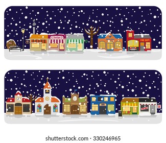 Winter Village Main Street Neighborhood Vector Illustration. Small town main street with shops, church and public buildings in winter. All objects are grouped, text on separate layer.