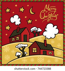 Winter village. Merry Christmas greeting card with cute houses immersed in the snow. Vector hand drawn illustration in cartoon style. Bright holiday design in vector