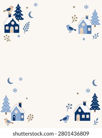 A winter village minimal corner frame christmas snow house tree bird minimal winter village corner frame border with snow house tree bird