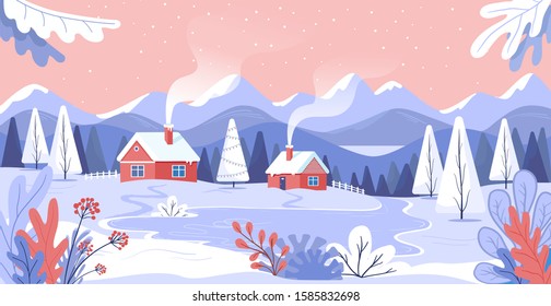 Winter village in the mountains flat colour illustration