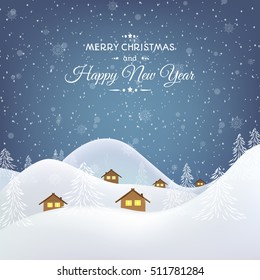 Winter village mountains forest valley night scenic landscape. Rural chalet hut buildings with glowing windows in snowdrift. New Year Christmas greeting card template. Vector design illustration.