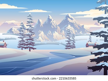 Winter Village And Mountains Landscape Illustration