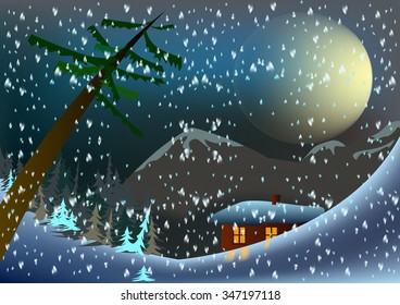 Winter village in the mountains in the moonlight, snow
