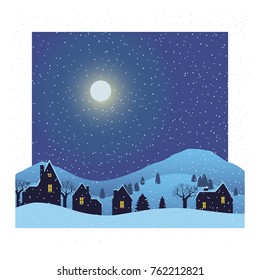 Winter village night background. Vector illustration