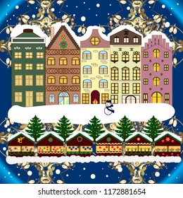 Winter village night Christmas background. Vector illustration.