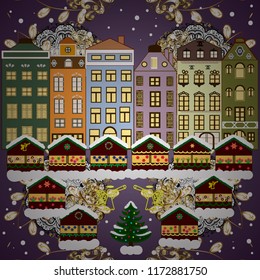 Winter village night Christmas background. Vector illustration.